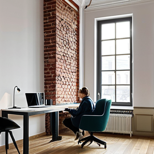 Modern Apartment in a Revitalized Building**

"A bright and airy modern apartment interior in a renovated historic building in Kraków, Poland. The apartment features exposed brick walls, large windows overlooking the Wawel Castle, and stylish, minimalist furniture. A fully clothed woman in appropriate attire is sitting at a laptop at a desk, bathed in natural light. Safe for work, appropriate content, perfect anatomy, natural proportions, high-quality render, professional photography, family-friendly."

**