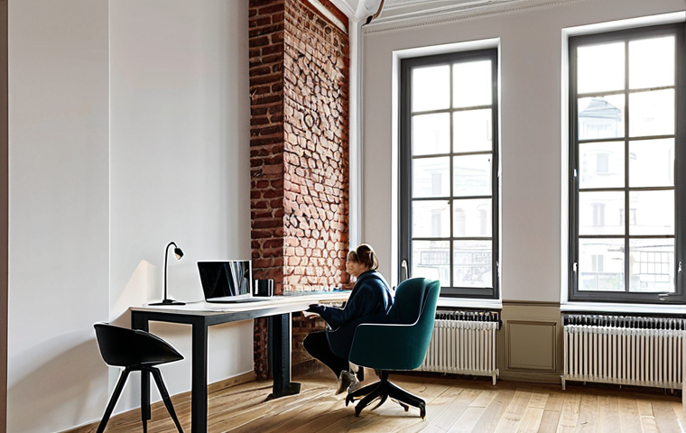 Modern Apartment in a Revitalized Building**
"A bright and airy modern apartment interior in a renovated historic building in Kraków, Poland. The apartment features exposed brick walls, large windows overlooking the Wawel Castle, and stylish, minimalist furniture. A fully clothed woman in appropriate attire is sitting at a laptop at a desk, bathed in natural light. Safe for work, appropriate content, perfect anatomy, natural proportions, high-quality render, professional photography, family-friendly."
**