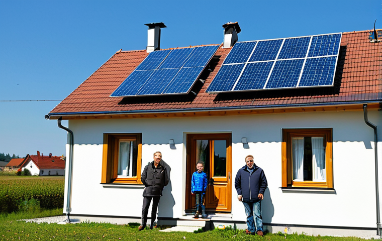 Solar Panel Installation**
"A modern Polish family standing proudly in front of their home, which is fitted with new solar panels on the roof, fully clothed, appropriate attire, safe for work, demonstrating investment in renewable energy, bright sunny day, rural Polish landscape in the background, perfect anatomy, natural proportions, professional, high-quality, family-friendly."
**