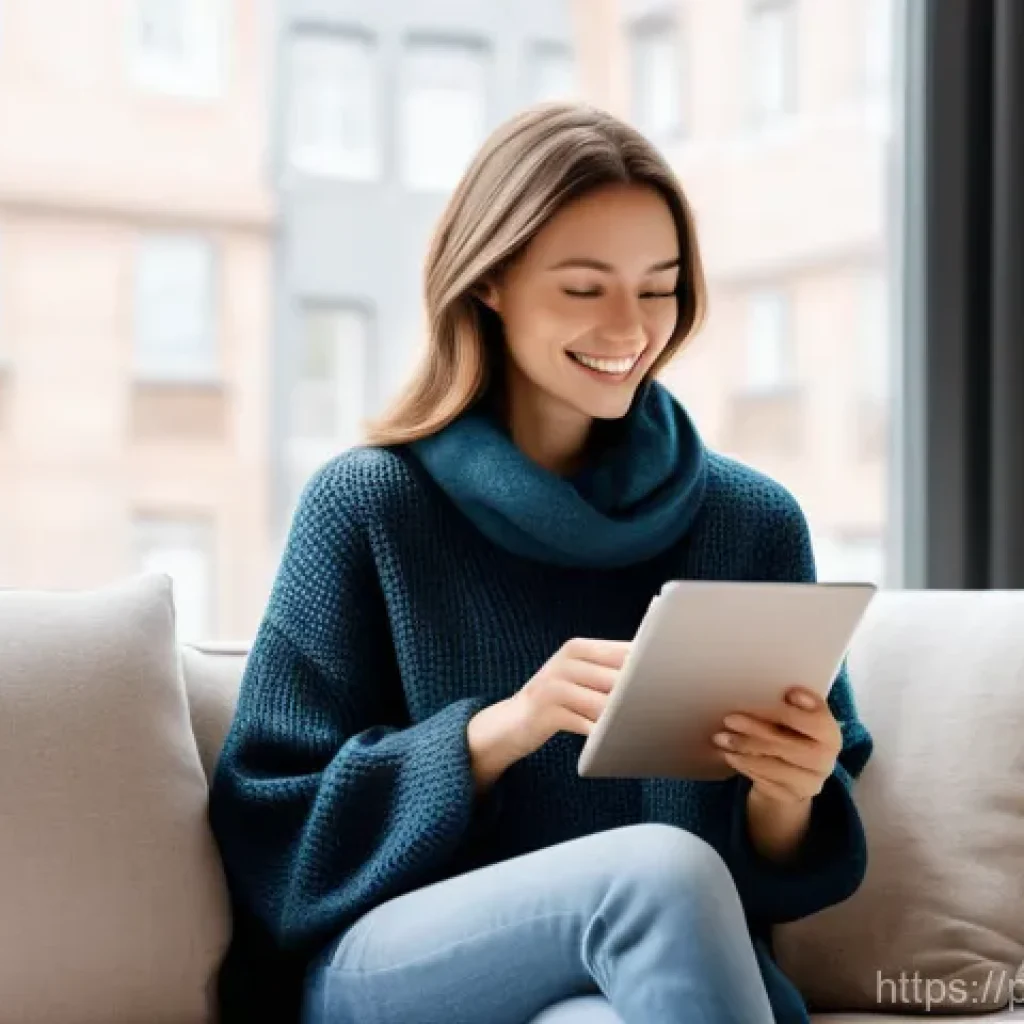 이커머스 트렌드와 성공 사례 - A young Polish woman, in her late 20s, with a soft smile of satisfaction, is seated comfortably on a...
