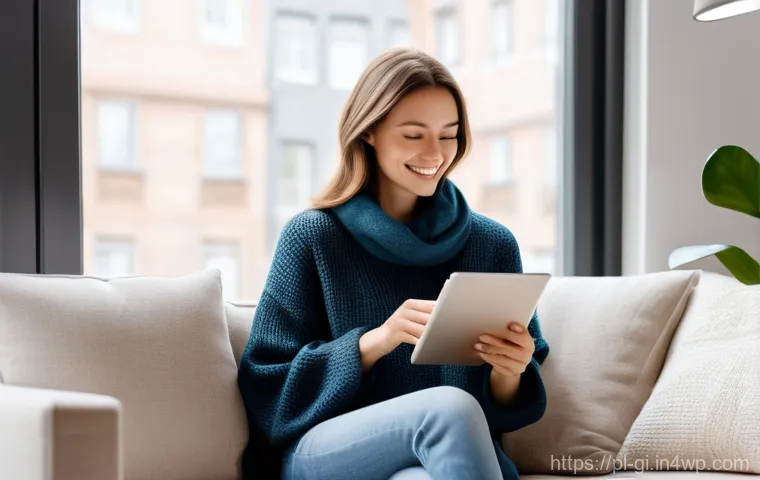 이커머스 트렌드와 성공 사례 - A young Polish woman, in her late 20s, with a soft smile of satisfaction, is seated comfortably on a...