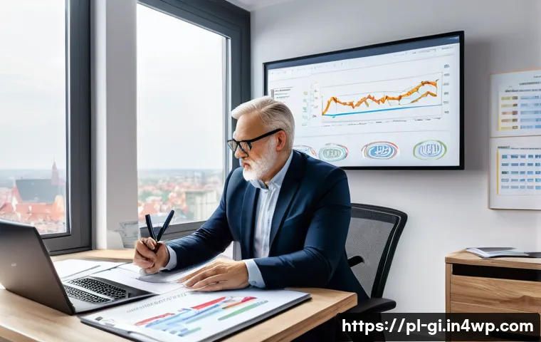 수입원 다변화를 위한 리스크 관리 - A modern Polish entrepreneur’s home office scene, showing a middle-aged man analyzing multiple incom...