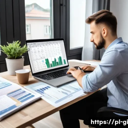 부업에서 전업으로 수입원 확대하기 - A Polish freelancer working from a modern home office in Warsaw, surrounded by financial documents, ...