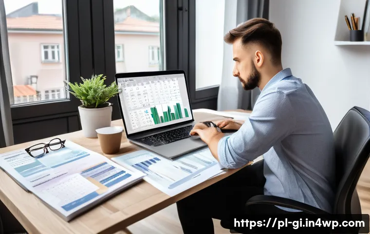 부업에서 전업으로 수입원 확대하기 - A Polish freelancer working from a modern home office in Warsaw, surrounded by financial documents, ...