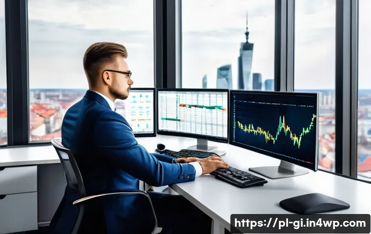 주식 배당금으로 수익원 다각화하기 - A professional Polish investor analyzing dividend stocks at a modern office desk, multiple computer ...