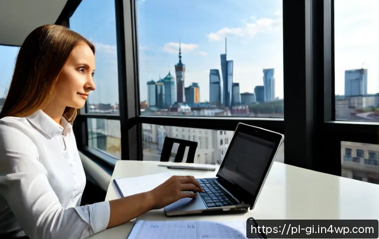 직장 내에서의 부가 수익원 개발 - Photorealistic modern Warsaw office scene, Polish professional in smart casual attire using a laptop...